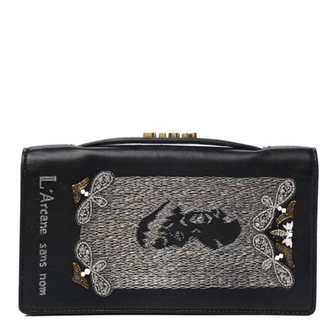 Lambskin Embroidered Tarot Pouch Clutch Black 